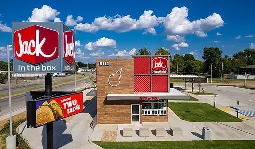 An aerial view of a jack in the box restaurant.