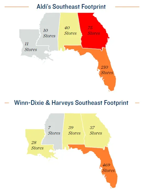Two maps showing aldi 's southeast footprint and winn-dixie & harveys southeast footprint