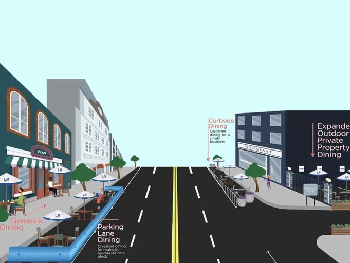 A cartoon drawing of a street with a sign that says parking and dining
