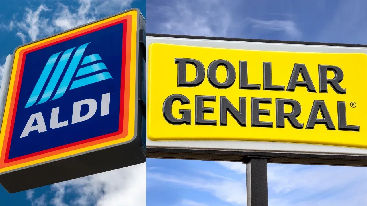 The logos for aldi and dollar general are next to each other.