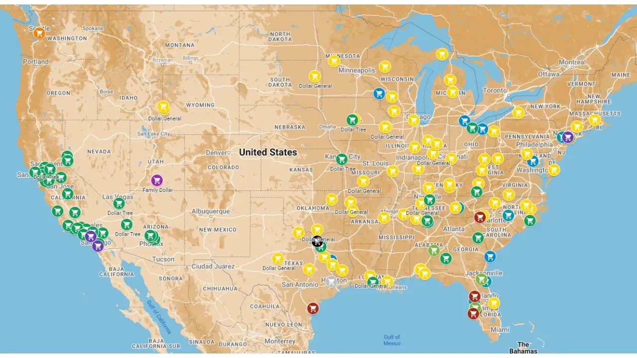 A map of the united states with a lot of cities on it