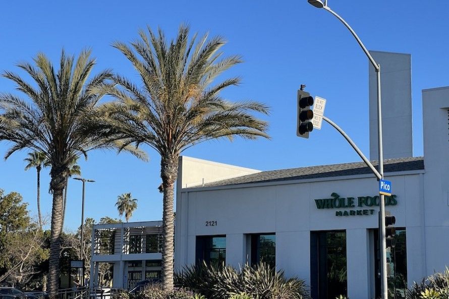 An elevated outdoor view of a modern shopping mall promenade with manicured greenery, palm trees, and pedestrians.