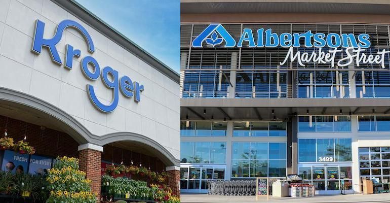 A kroger store and an albertsons market street store are next to each other.