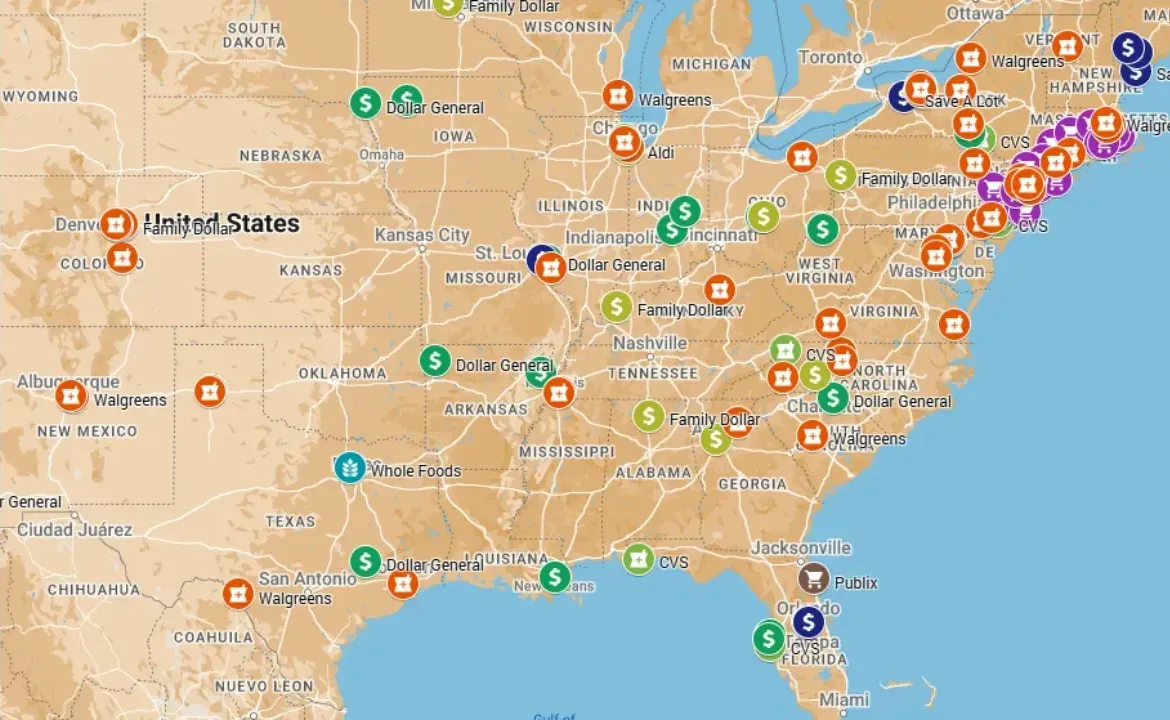 A map of the united states with a lot of cities on it.