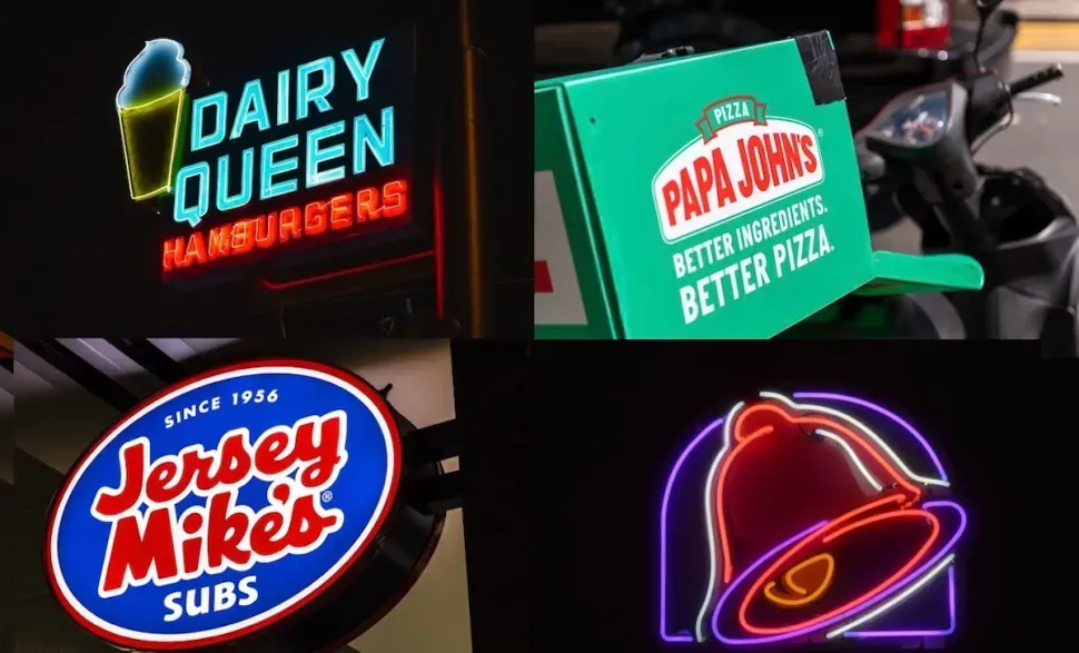 A collage of signs for dairy queen hamburgers jersey mikes subs papa johns and taco bell