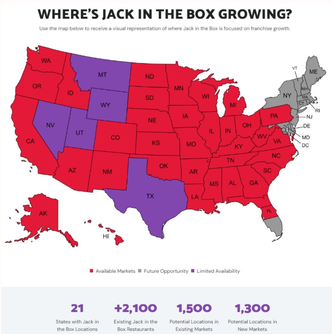 A map of the united states with the question where 's jack in the box growing