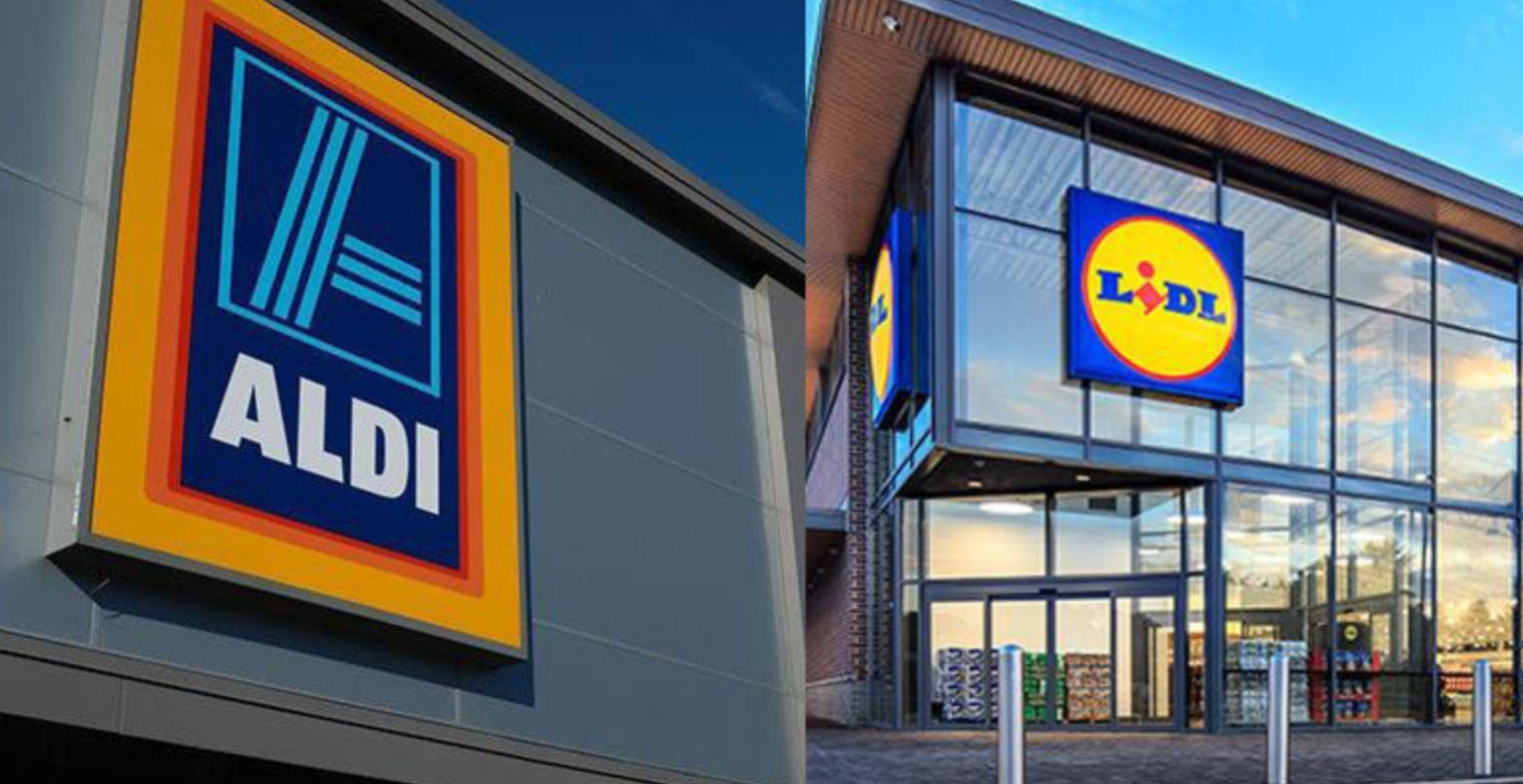 The logos for aldi and lidl are on the side of a building.