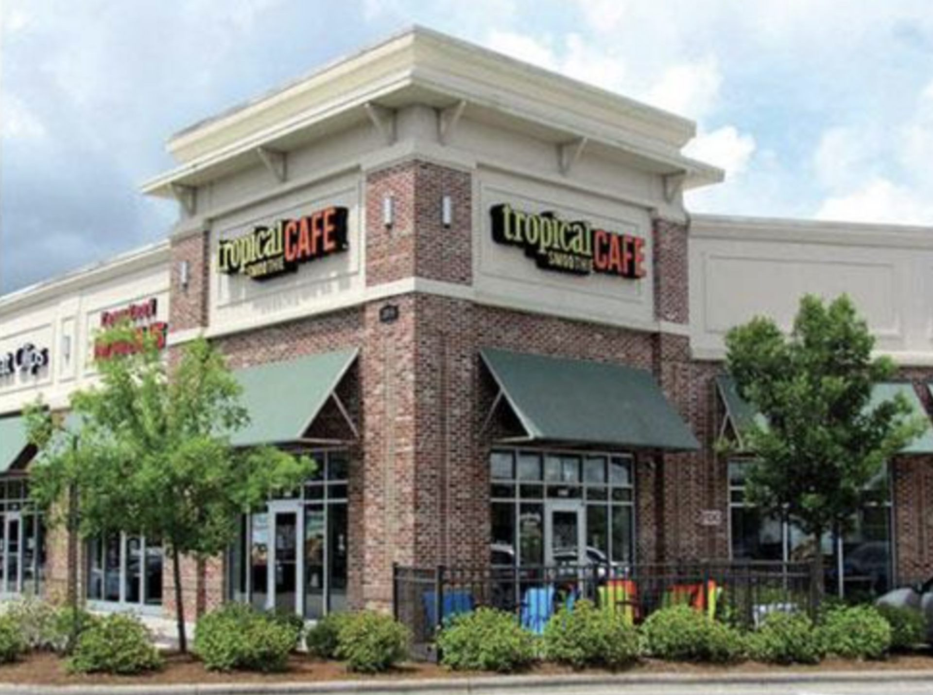 A tropical cafe is located in a shopping center