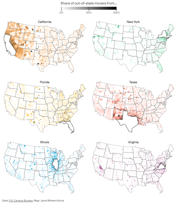 A map of the united states showing the share of out of state movers