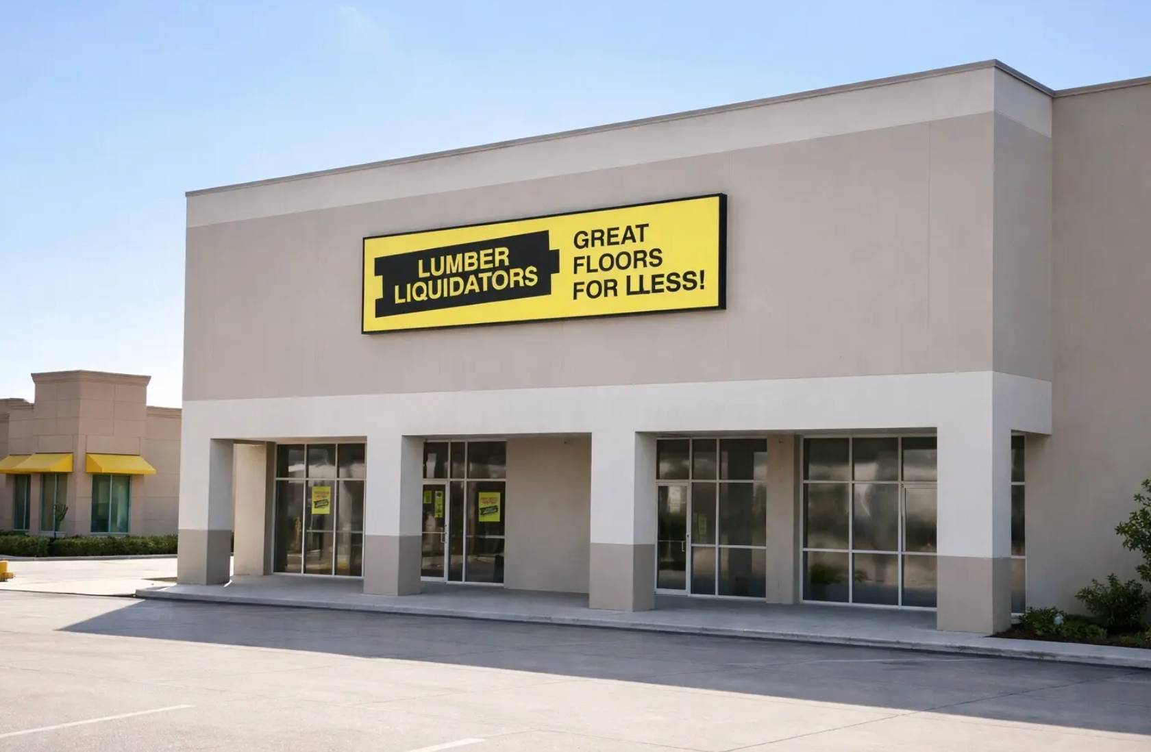 The American flag waves against a bright blue sky between towering glass skyscrapers, viewed from a low angle.