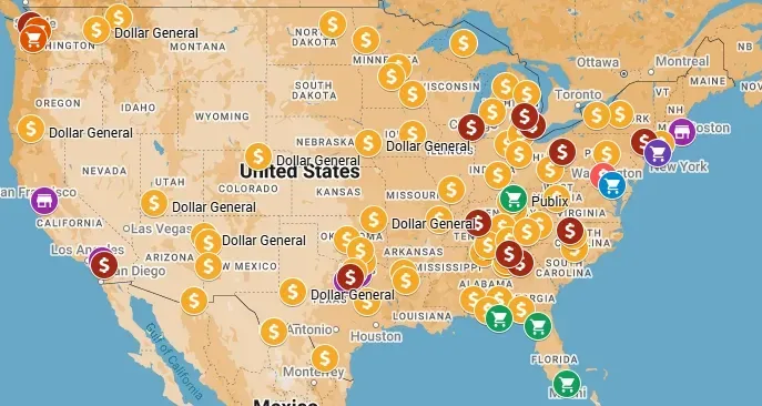 A map of the united states with a lot of coins on it