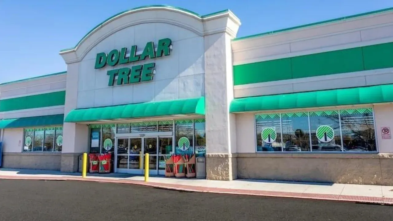 The front of a dollar tree store with green awnings