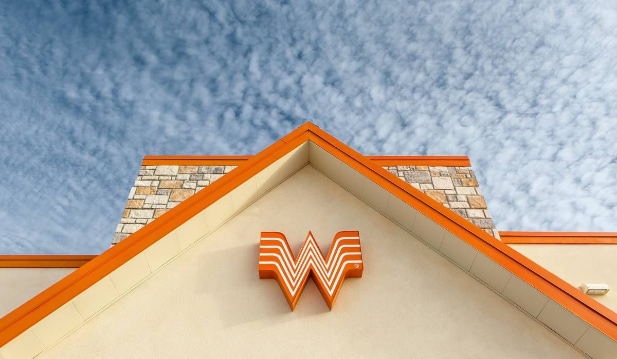 Looking up at the roof of a waffle house restaurant