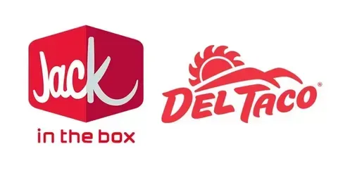The logos for jack in the box and deltaco are next to each other on a white background.