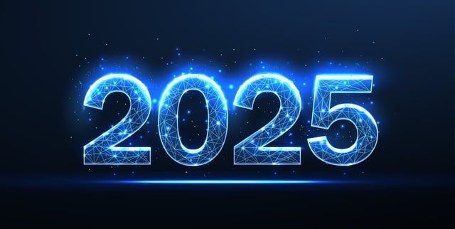 The number 2025 is glowing in the dark on a dark blue background.