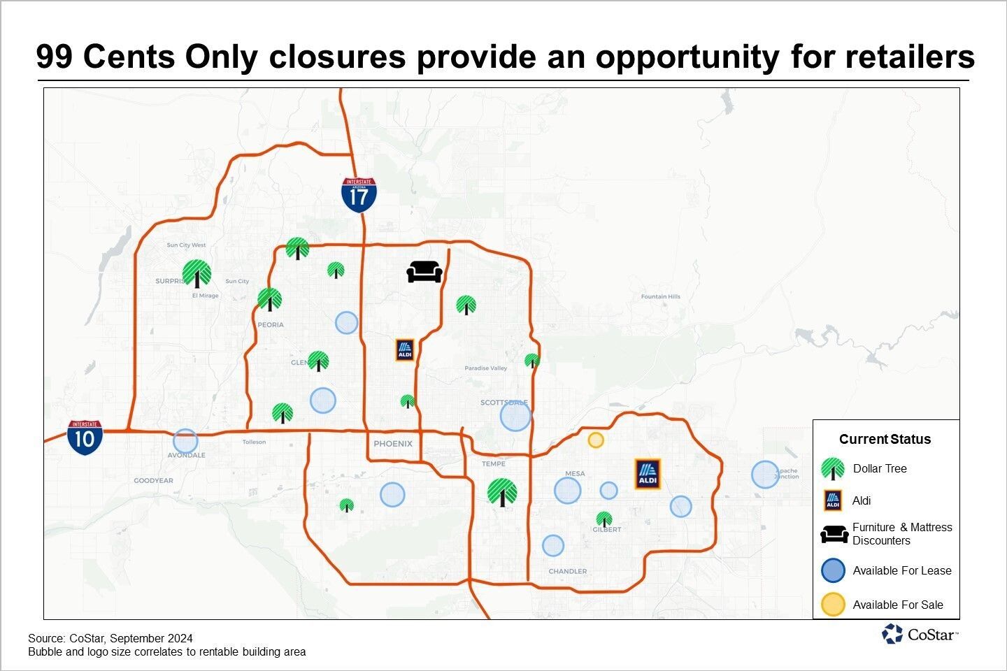 A map showing 99 cents only closures provide an opportunity for retailers.