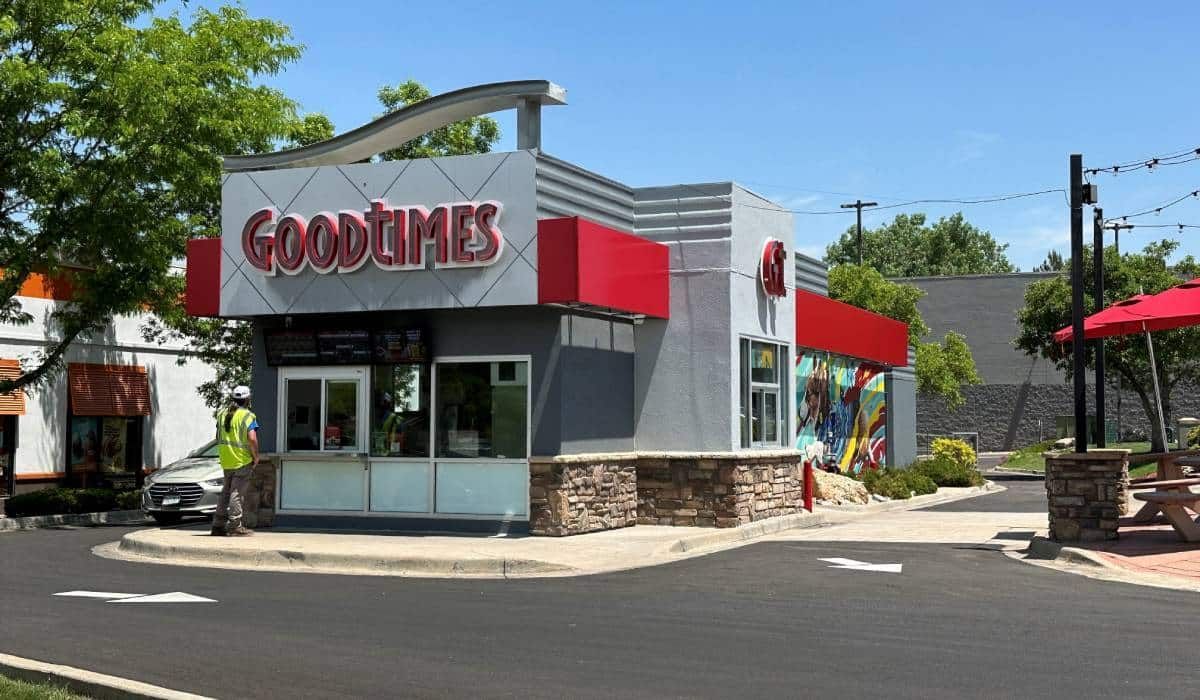 A good times restaurant is located on the corner of a street.
