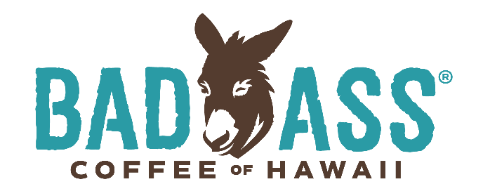 The logo for badass coffee of hawaii has a donkey on it.