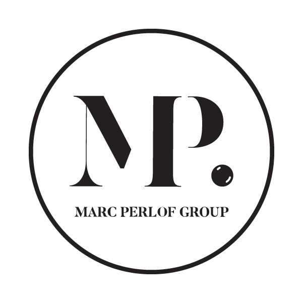 A black and white logo for marc perlof group