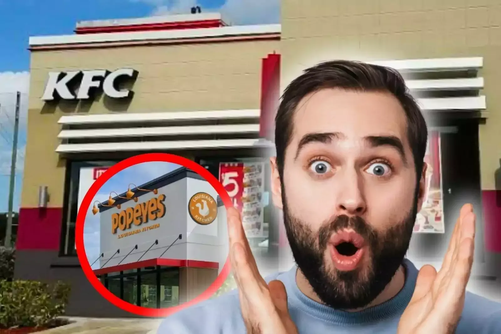 A man is standing in front of a kfc and popeyes restaurant.