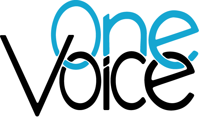 The word voice is written in blue and black on a white background.