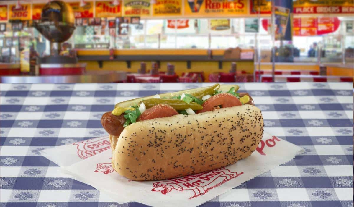 A hot dog is sitting on a checkered table cloth.