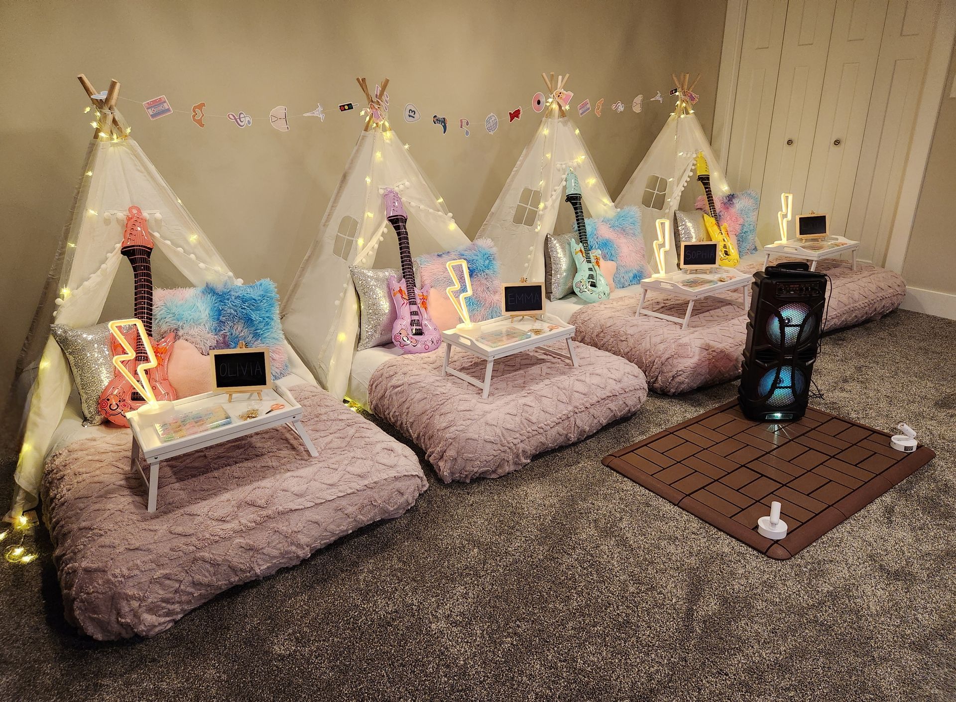Unique kids birthday party tent sleepover setup in Will County Illinois