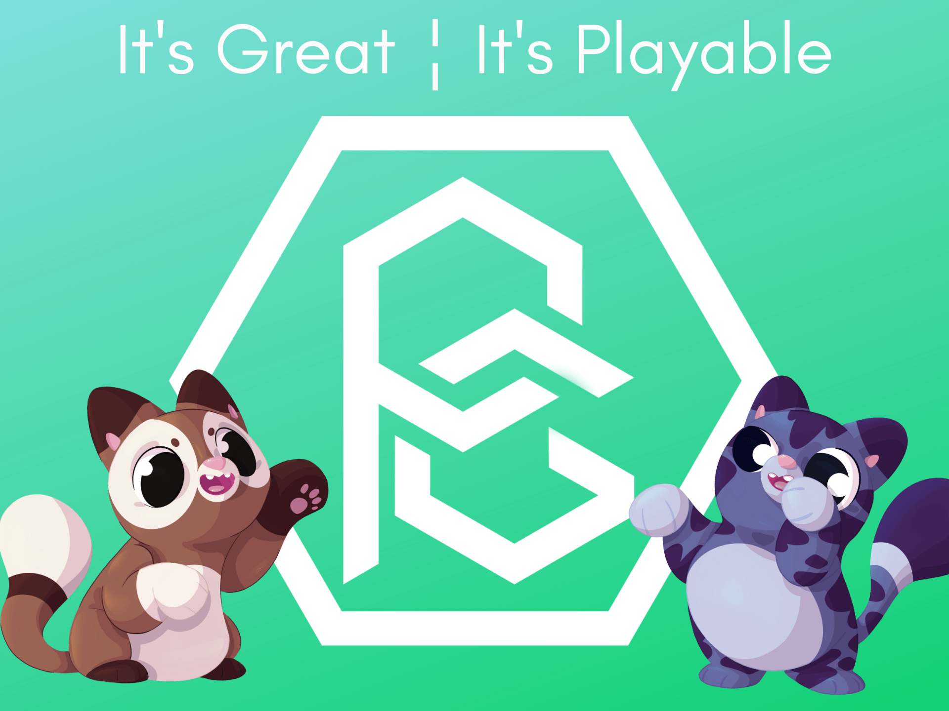 Playable Games Logo. Kittens Din-Din Dash characters Cookie and Plum to to the left and right of logo. It's Great ¦ It's  Playable as text above logo