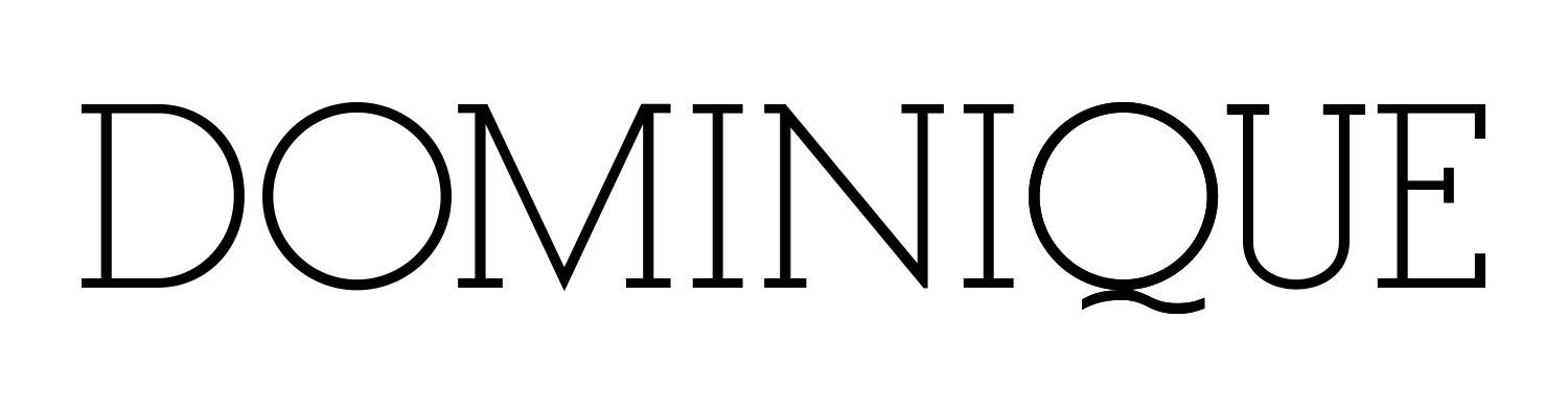 A black and white logo for dominique on a white background.