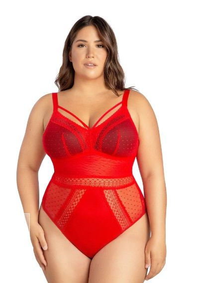 A plus size woman is wearing a red bodysuit.