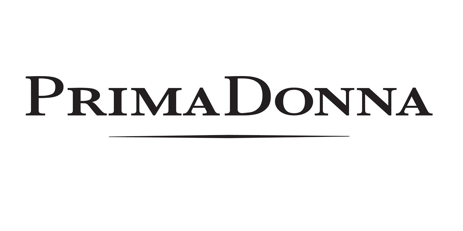 A black and white logo for primadonna on a white background.