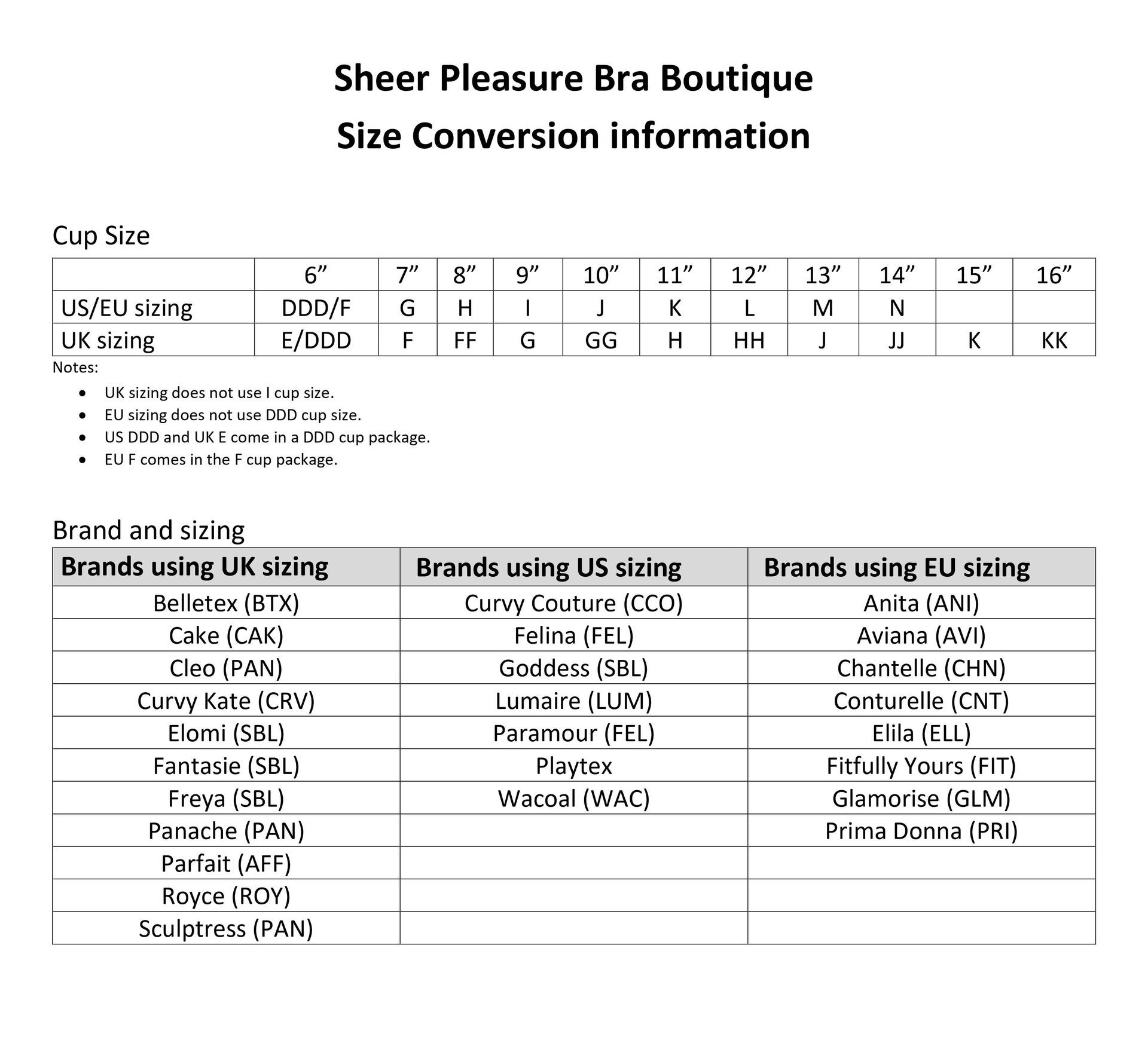A sheer pleasure bra boutique size conversion information
