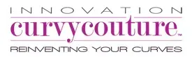 The logo for curvy couture is purple and white and says innovation reinventing your curves.