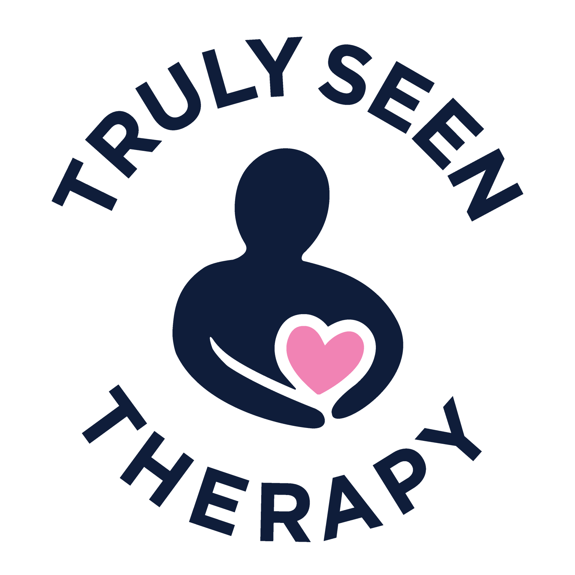 The logo for truly seen therapy shows a person holding a pink heart.