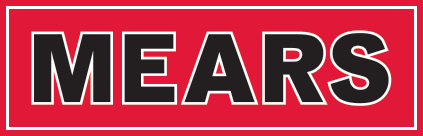 The word mears is written in black and white on a red background.