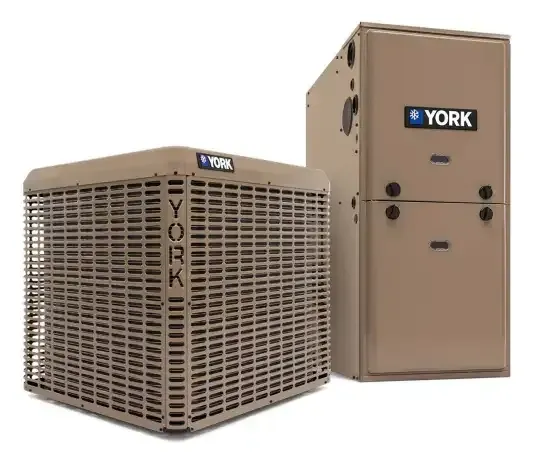 Two york air conditioners are sitting next to each other on a white background