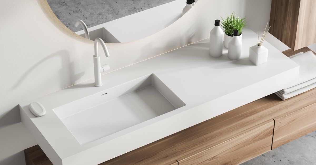 A top view of a bathroom vanity with a solid white countertop and wooden cabinets.