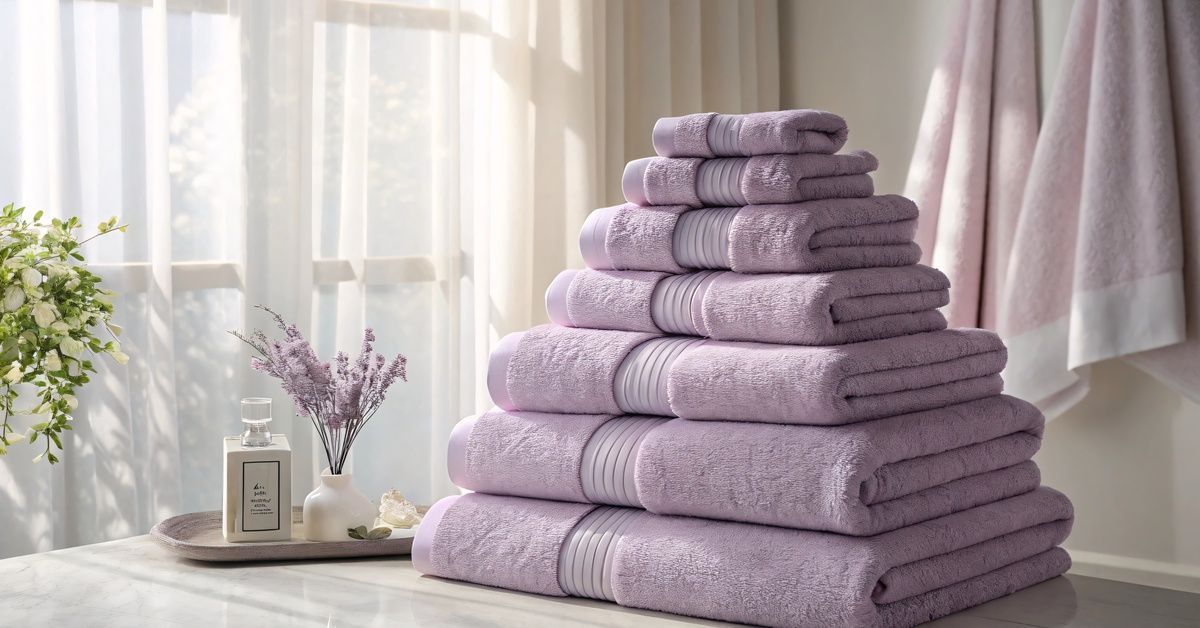 A stack of seven purple towels on a bathroom countertop. Sunlight streams in from a window nearby.