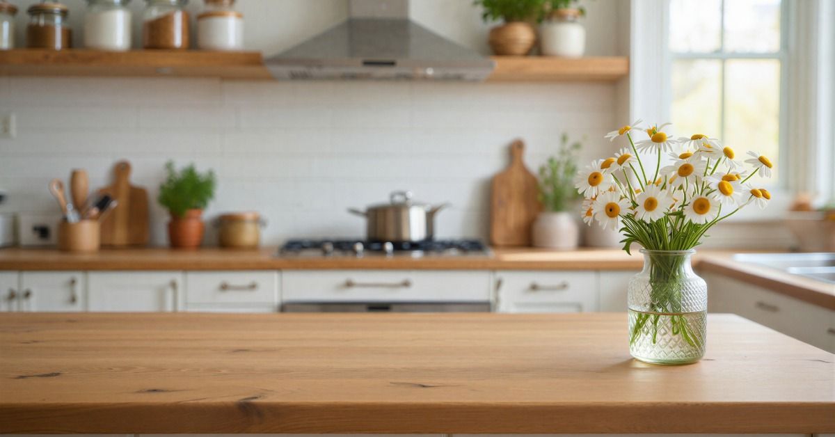 A wooden kitchen countertop in a home during the daytime. A small jar full of flowers is on top of the counter.