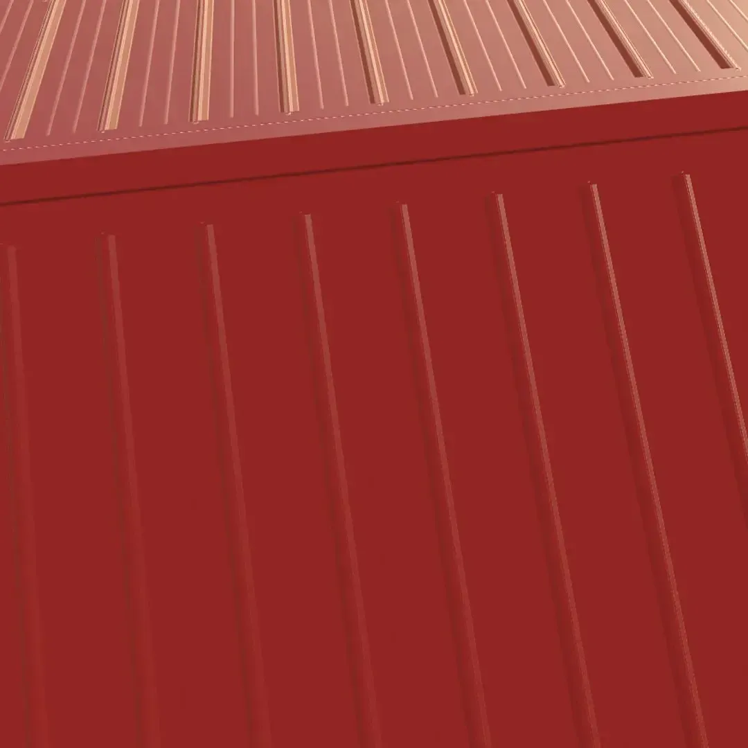 Red metal roof and side panel with vertical and horizontal ridges.