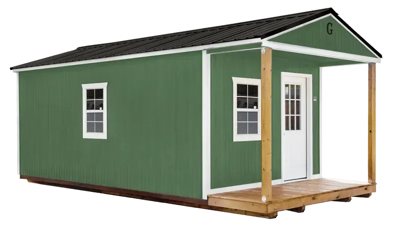 Green shed with white trim, porch, black roof, and two windows.