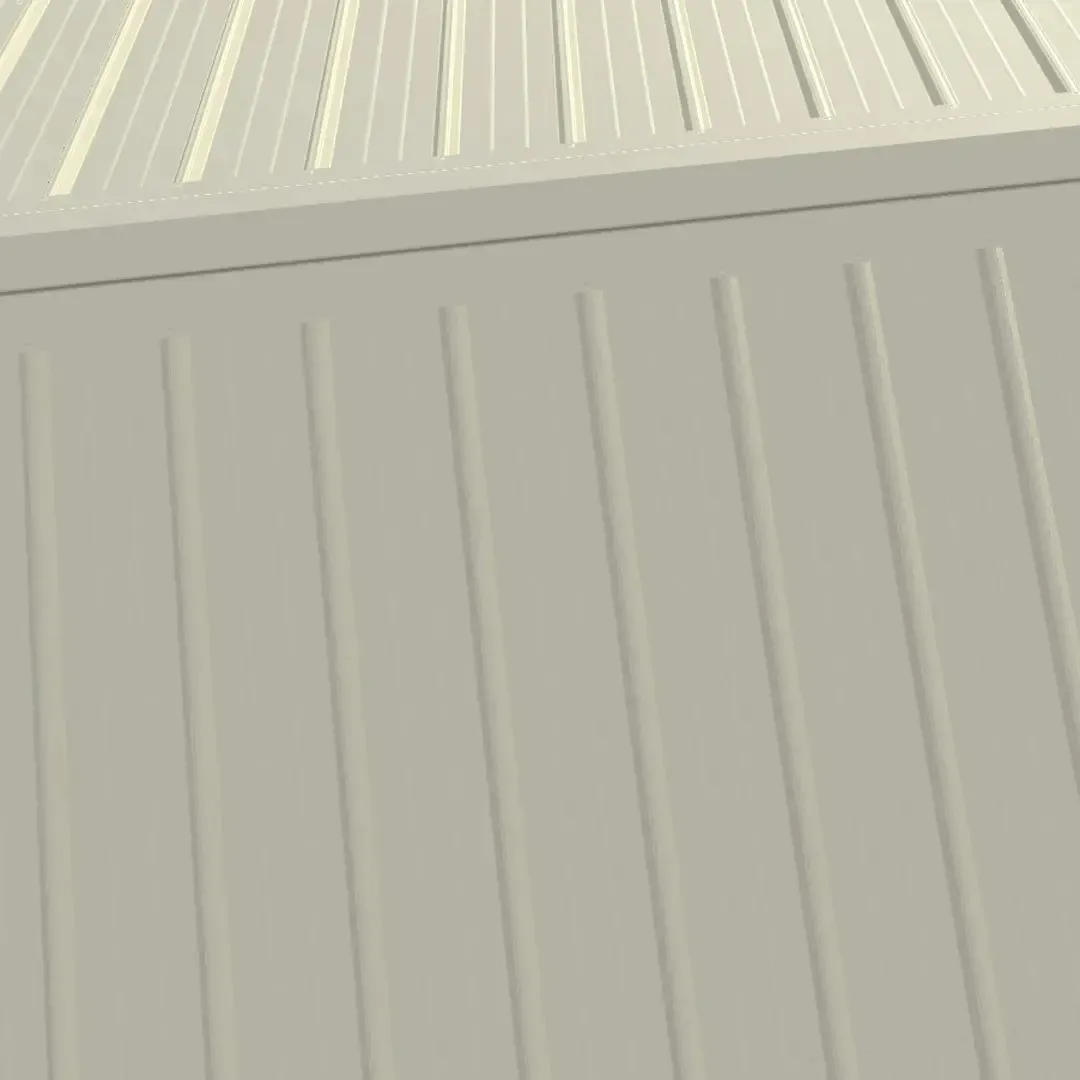 Beige corrugated metal wall and roof.