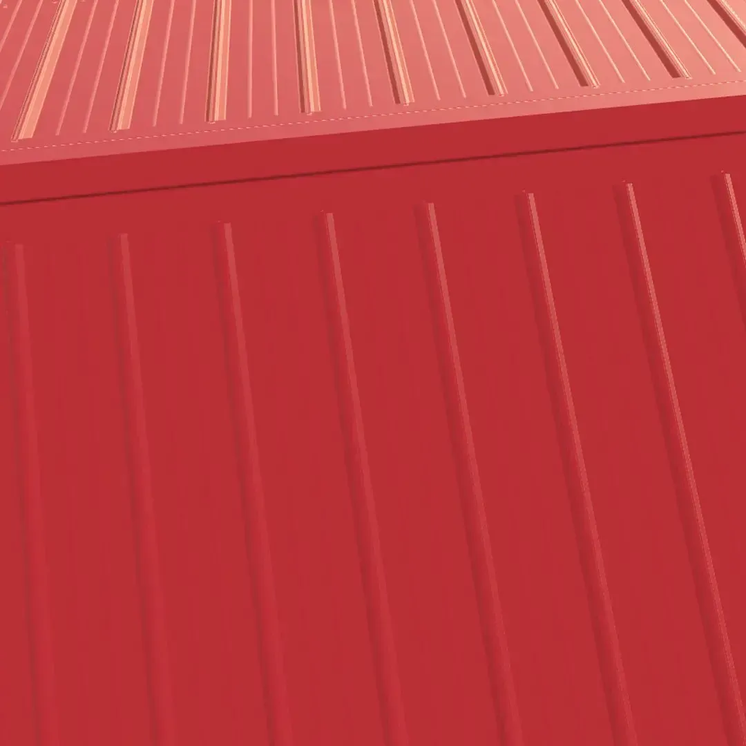 Red metal roof with vertical and horizontal ridges.