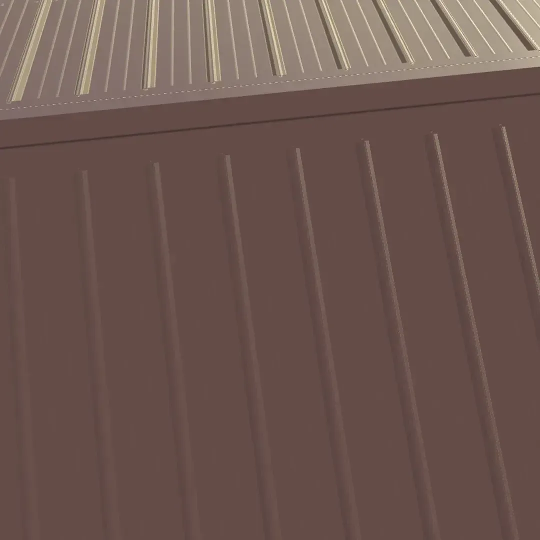 Brown metal siding with vertical and horizontal lines.