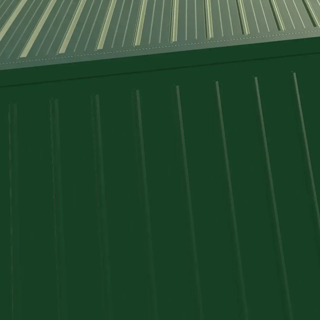 Green corrugated metal building with matching roof.
