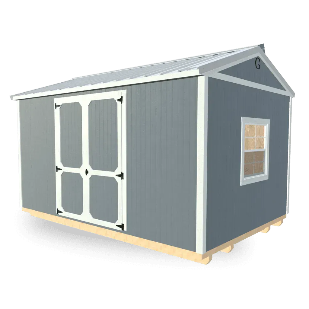 Gray storage shed with white trim, door, and window.