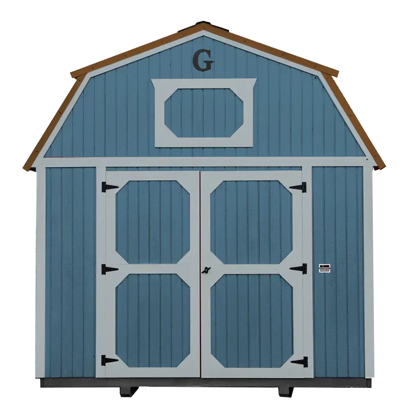 Blue barn-style shed with white trim, brown roof and the letter 