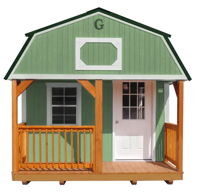 Green shed with porch, white door, window, and wooden railings.