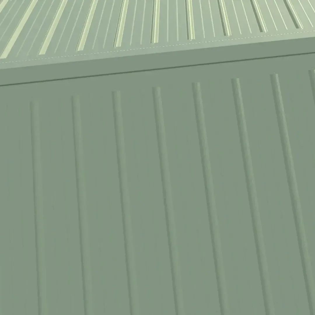 Green corrugated metal siding and roof detail.