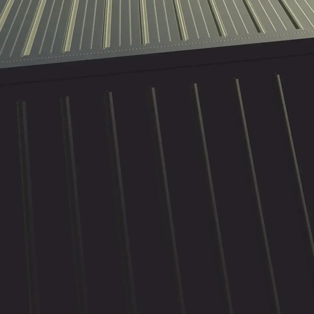 Dark grey metal container with vertical ridges on the side and a corrugated roof.
